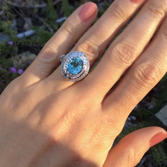 3.8ct Natural Earth Mined Blue Unheated Zircon Tanzania Cocktail Ring 5 NEW
